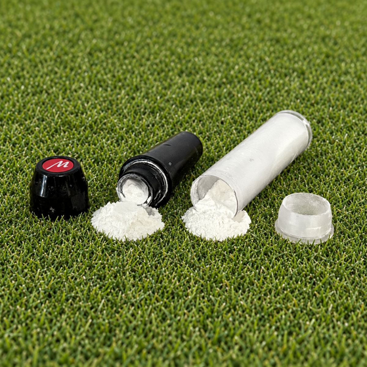 Black Marc-it and powder refill tube on a putting green, both with caps removed.
