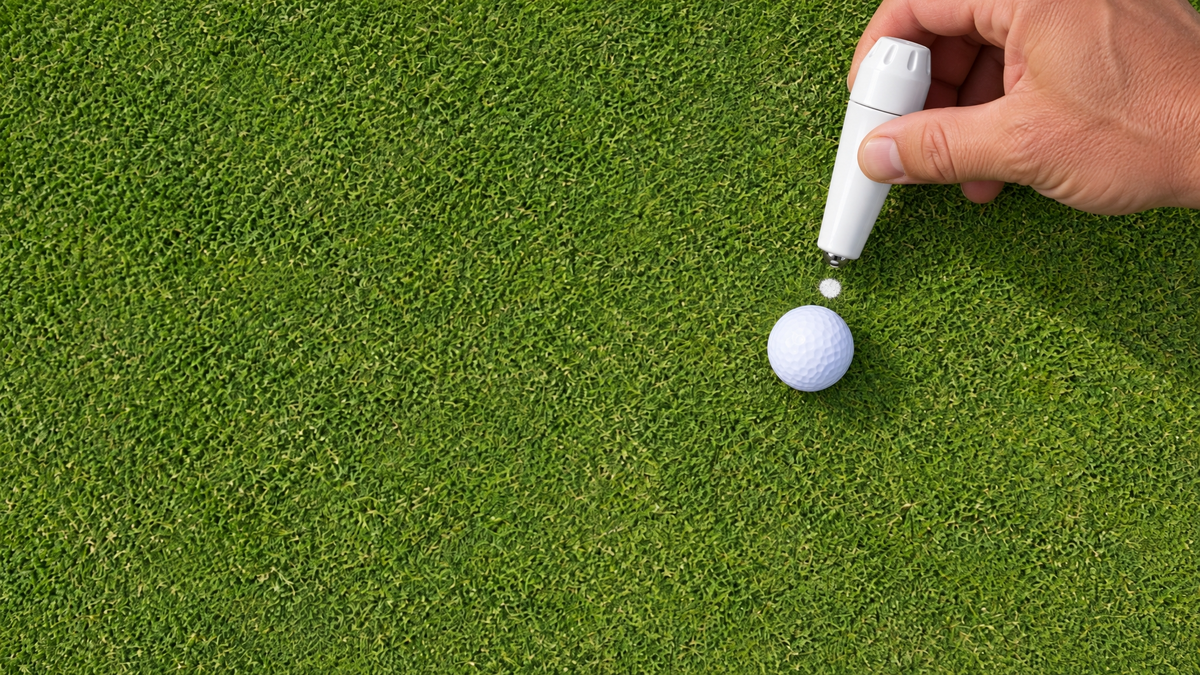 Overhead view of a hand lifting a white Marc-It above a powder mark beside a golf ball.