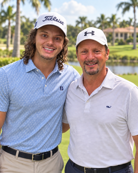 Wyatt and his dad Scott on a golf course.