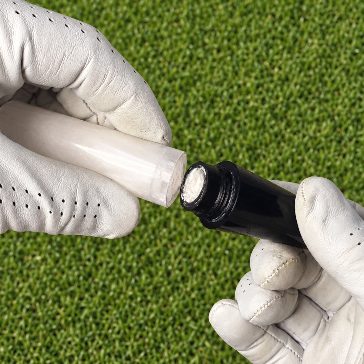 Gloved hands adding white powder from the refill tube into an open black Marc-it.